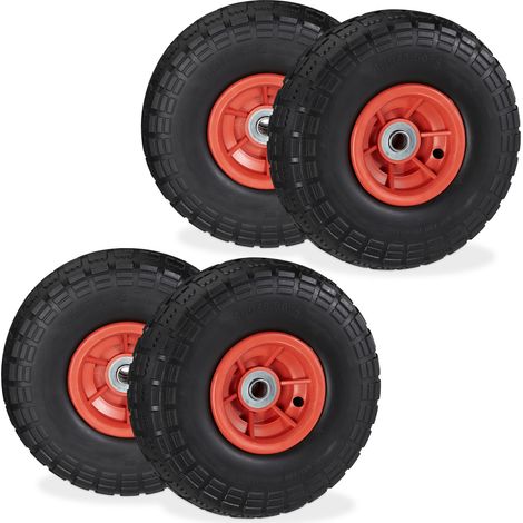 Set of 4 Relaxdays Wheelbarrow Tyres, Puncture-Proof Solid Rubber, 4.1/3.5-4, 16 mm Axle, Spare Wheel, Black/Red