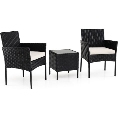 3-teiliges beiges Rattan-Balkon-Set mit Glastisch