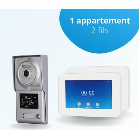 Portier interphone vidéo NEO 2 Fils - 1 appartement - 2 écrans tactiles connectés 7" blanc - avec lecteur de badge