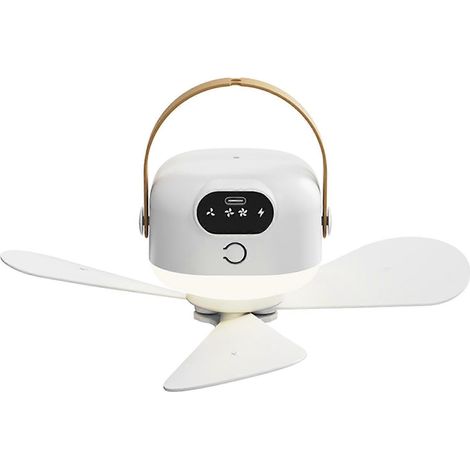 Ventilateur suspendu rechargeable USB avec télécommande, 3 vitesses, fonctionnement silencieux et lumière LED pour le camping, les tentes, les chambres d'extérieur et les dortoirs.