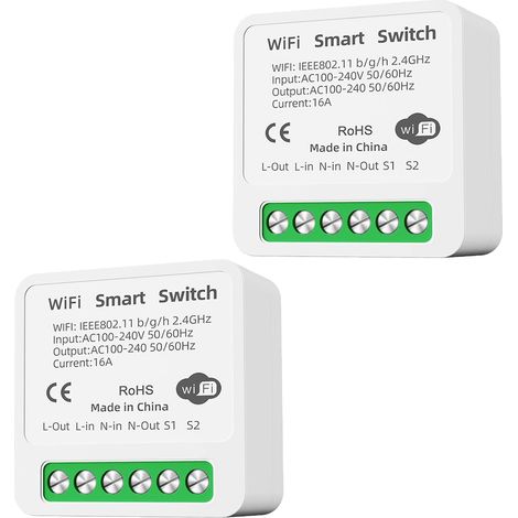 Ensemble de 2 interrupteurs intelligents, compatibles Wi-Fi et Bluetooth, pour maison connectée, sans fil, avec télécommande, à installer soi-même derrière un interrupteur mural. (1/5)