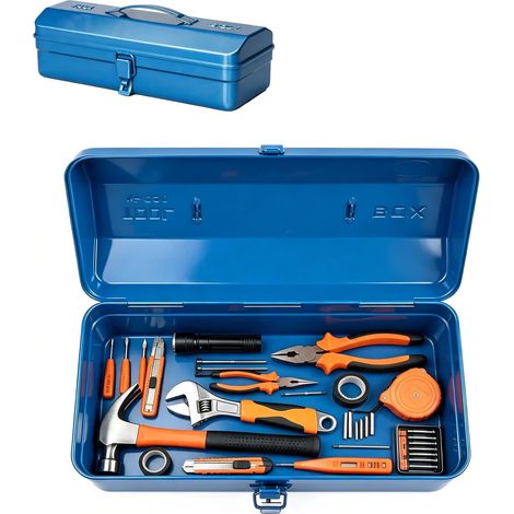 Boîte à outils vide en métal avec poignée de transport et loquet, grande mallette de travail, boîte à outils, 36 x 15 x 11,5 cm, robuste, durable, boîte à outils en métal pour outils, accessoires (1/5)
