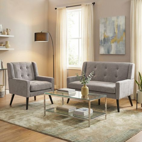 Set di poltrone 2 pezzi grigio chiaro in tessuto imbottito con gambe in legno massello (1/5)