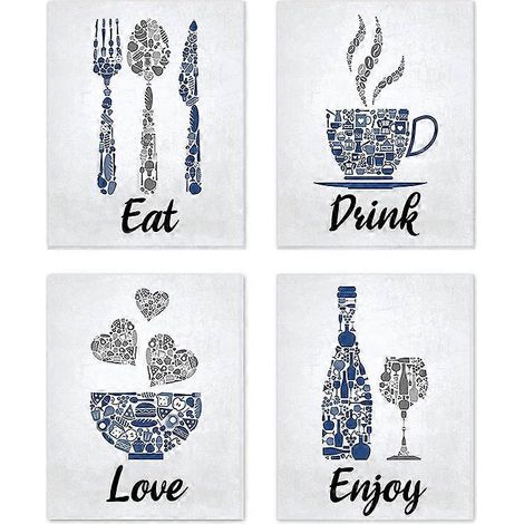 Bleu marine, gris cobalt, blanc, style vintage inspirant, décoration murale pour cuisine, restaurant, café, bar : Manger, boire, aimer le vin (1/5)