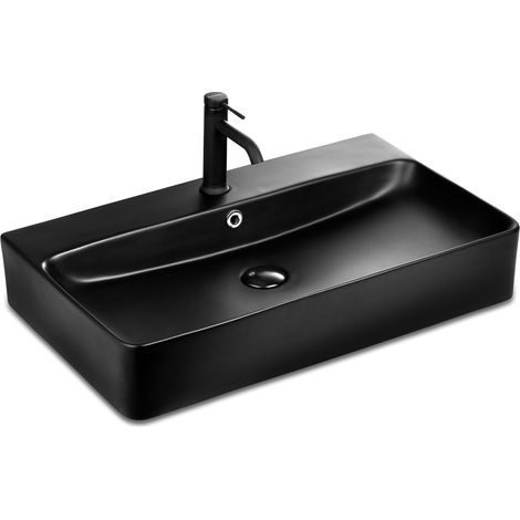 Berlin Waschbecken 70x42 aus feinster Keramik für Wandmontage oder als Aufsatzwaschbecken mit Hahnloch in Schwarz Matt (1/7)