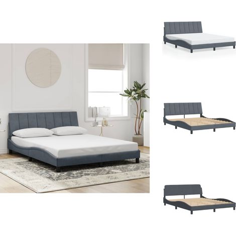 Cadre de lit sans matelas gris foncé 160x200 cm velours - Lit Double - Chambre À Coucher - Design Moderne - Cadre De Lit Avec Têtière - Literie (1/5)