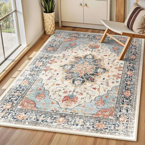 Vintage Tapis de Salon 90x150 cm Lavable Beige/Bleu/Orange Tapis Salon, Tapis Chambre, Lavable en Machine, Vintage, Boho, Rétro, Antidérapant, Cuisine, Salle à Manger, Douce (1/5)
