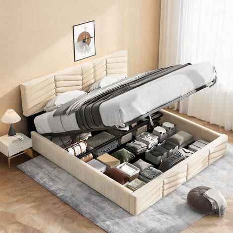 Cadre de lit beige en velours 205,5 x 182 x 95 cm (1/5)