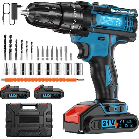 Perceuse-visseuse sans fil 21V avec 2 batteries 2.0Ah – Couple 45Nm – 25 réglages de couple – 2 vitesses – Pour bois dur et béton (1/5)