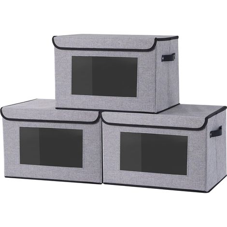 Lot de 3 Bacs de rangement, Fenêtre transparente, Tissu non tissé, Empilable et pliable, Pour placard et étagère (1/5)