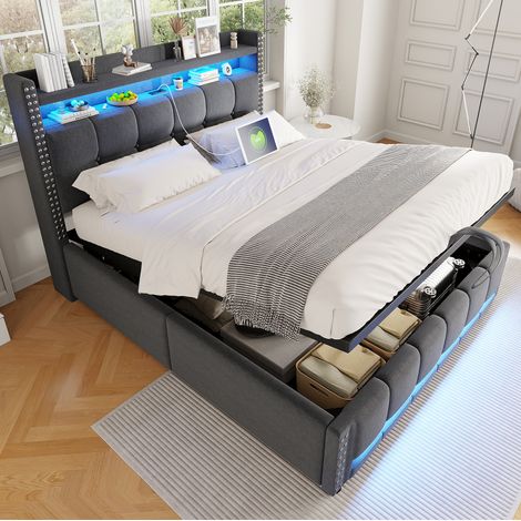 Bett gepolstert modern 140x200 cm in grauem Leinenstoff, mit Kopfteil-Regalen, LED, USB und Bettkasten (1/5)