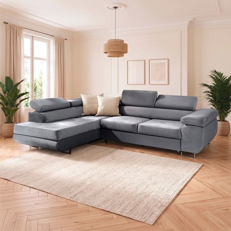 Canapé d'angle convertible gauche 4 places Wilson velours Gris (1/5)