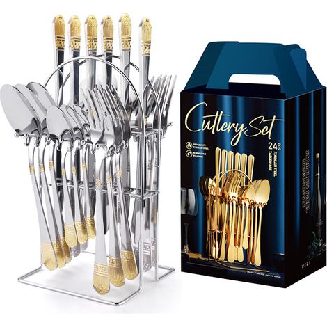 Service de table Crown (24 pièces, plaqué or partiel) en acier inoxydable partiellement plaqué or. (1/5)