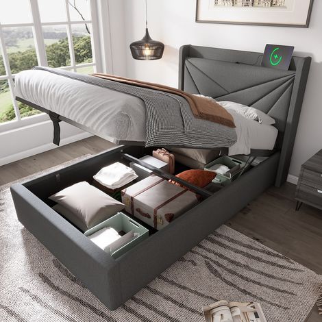 Polsterbett 90x200 mit Stauraum und integrierter USB-Ladefunktion, Einzelbett mit Bettkasten und Lattenrost, Jugendbett in Leinenoptik (1/5)