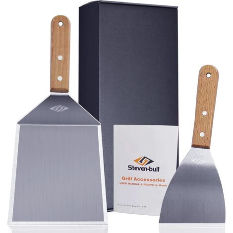 Ensemble d'Outils de Barbecue - Spatule en Acier Inoxydable pour Plancha et Teppanyaki - 15,5 x 13,5 cm, Manche en Bois (1/5)