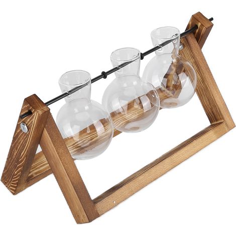 Terrarium pour plantes avec support en bois, vase en verre, jardinière de bureau en verre pour la décoration de la maison ou du bureau (cadre en bois, 3 bouteilles) (1/5)