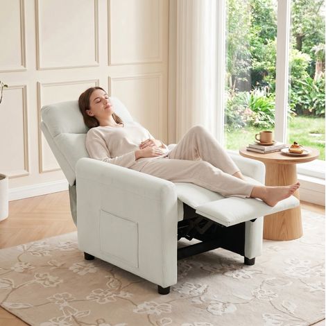 Sillón relax reclinable (73x86x100 cm), posición de 145°, con bolsillos laterales, poliéster blanco crema (1/5)