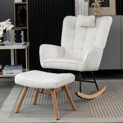 Poltrona a dondolo bianca 92 cm con poggiapiedi, cuscino e struttura in legno DESVIAE (1/5)