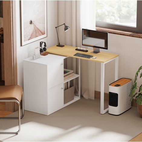 360° drehbarer Eckschreibtisch mit 2 Schränken und 2 offenen Regalen, weiß OKMYHOME (1/5)