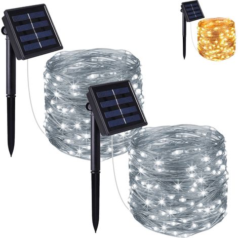 Lot de 2 guirlandes solaires extérieur lumineuses jardin, terrasse - Ampoules LED 8 modes - 7 m - Blanc froid - Linxor (1/5)