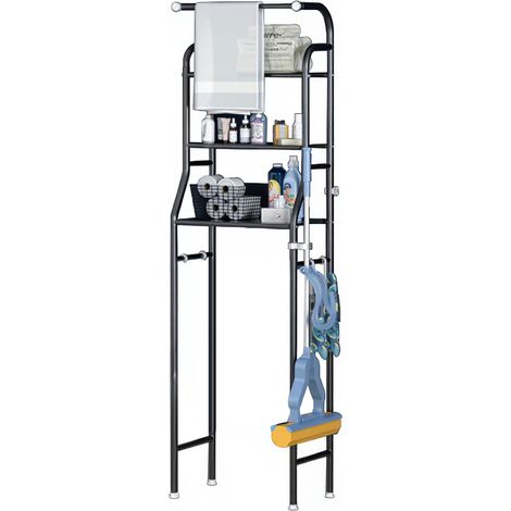 Étagère WC et buanderie 3 niveaux – Rangement en acier carbone – Installation facile sans perçage – Gain de place salle de bain – Avec barre à serviettes – Finition blanche – Variante : Porte-serviett (1/5)