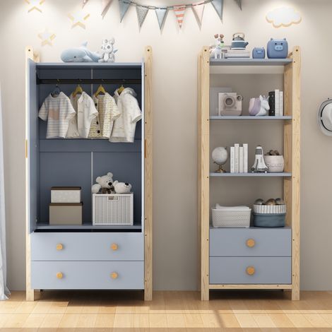 Armoire 180 cm, ensemble penderie avec tringle à vêtements et tiroirs, structure en épicéa, meuble modulable, Bleu (1/5)