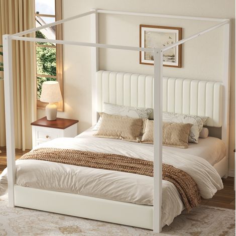 Letto a baldacchino imbottito 206x181x198 cm, testiera imbottita, struttura in metallo e MDF, velluto beige e bianco (1/5)
