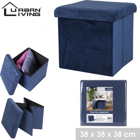 Pouf de rangement carré pliable en velours - 37.5 x H 37,5 cm - Bleu - Livraison gratuite