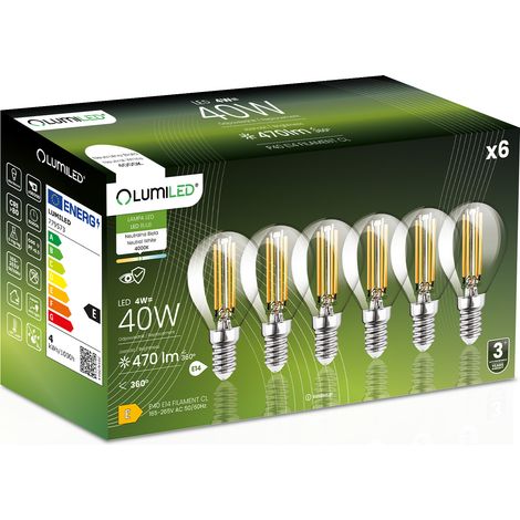 6 lampadine LED E14 a sfera P45 4W = 40W 470lm 4000K Neutro 360° FILAMENTO LUMILED