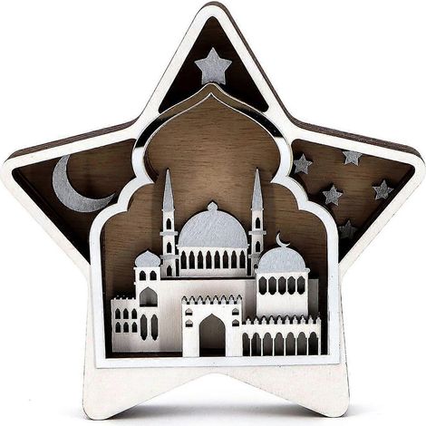 Eid-Holzstern-Ornament, Mondburg-Kunsthandwerk, Dekorative Ornamente für das Ramadan-Fest, Geschenk, Silber (1/5)