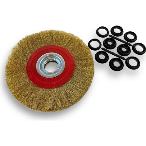 Brosse circulaire LAITON Ø 200 mm Epaisseur 2 rangs Fil souple 0.20 mm ondulé Alésage 32 mm + réducteur bague 25/22/20/16/12 mm Touret meuleuse affûteuse ponceuse Kibros 238202LV