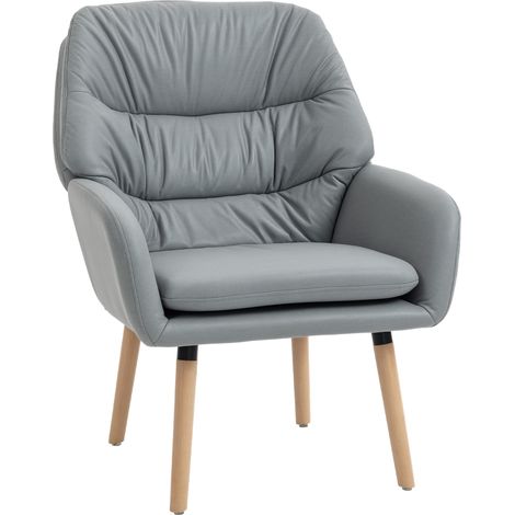 HOMCOM sillón de salón moderno, butaca de salón, acolchado de doble capa, tapizado en cuero sintético, patas de madera, 68x74x89 cm, gris