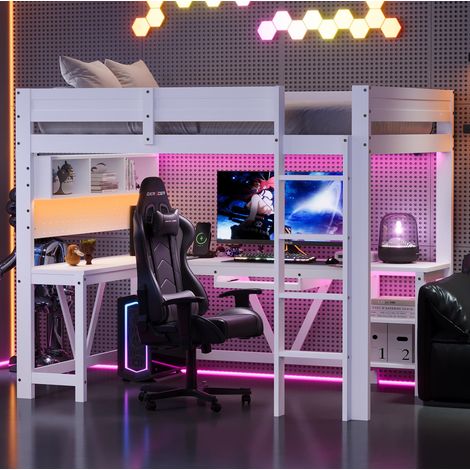 DESVIAE Lit mezzanine 90 x 200 cm avec bureau rangements LED station de charge blanc bois MDF pin (1/5)