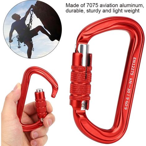 Mousqueton de sécurité D à 3 sections pour escalade et extérieur - Accessoire de verrouillage crochet (rouge)