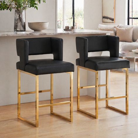MEUBLIV Lot de 2 tabourets de bar noirs et dorés 41,4x49,5x91,4 cm en PU et métal (1/5)