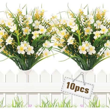 Yueshop 10 Bundles Artificial Flowers, UV-Resistant Artificial Plants Outdoor Realistic Faux Plastic Daisy Flower Fake Garden Plants Indoor Home Wedding Porch Window Box for Decor(White)