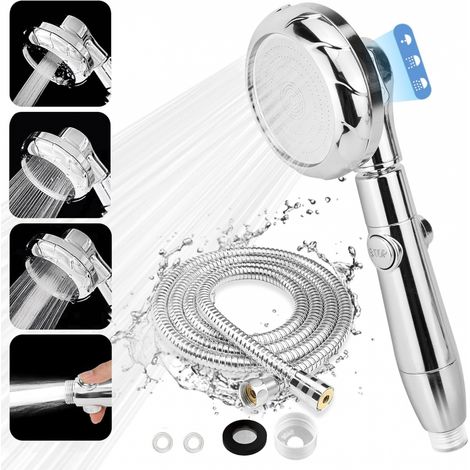 Pommeau de douche 3 modes, haute pression, économie d'eau avec tuyau 2 m, anticalcaire, interrupteur intégré Design chromé élégant (1/5)