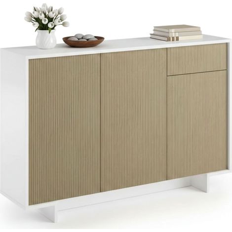 Dmora - Sideboard Aneto, Wohnzimmer-Sideboard, Wohnzimmer-Buffet mit 3 Türen und 1 Schublade, 100 % Made in Italy, 134 x 35 x 87 cm, Weiß und Beige