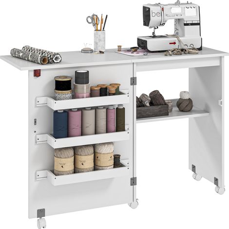 Table de couture pliante meuble couture à abattant avec bacs de rangement, étagère ouverte et roulettes, blanc