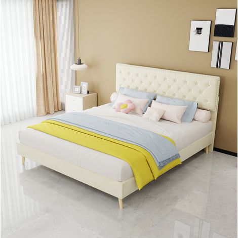 Cama moderna tapizada 160x200 cm, terciopelo holandés beige, estructura de metal, cabecero alto, somier de láminas, espacio inferior (1/5)
