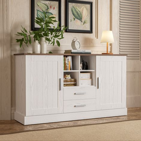 Buffet veinage bois blanc et marron, meuble de rangement avec 2 portes et 2 tiroirs, 140x40x79,5 cm (1/5)