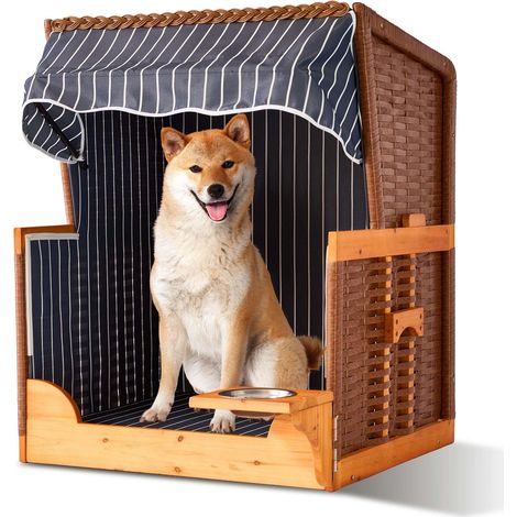 Fauteuil de Plage pour Chien en rotin, avec gamelle et Toit, 95x75x65 cm, Bois, Bleu foncé (1/5)