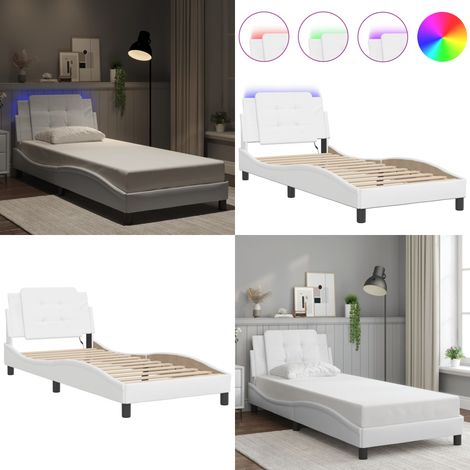 Cadre de lit avec LED sans matelas blanc 90x190 cm - Lit Plateforme - Lit Design - Lit Avec Éclairage Led - Cadre Lit Blanc - Tête De Lit Rembourrée - Home & Living (1/5)