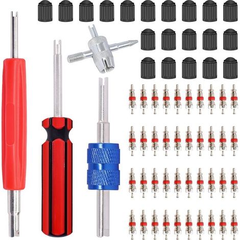 Kit d'outils de retrait de tige de valve de pneu 64 pièces 40 noyaux de valve de pneu, 20 bouchons de tige de valve, outil de valve à 4 voies, outil de réparation de pneu pour enlever le noyau de va (1/5)