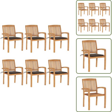 The Living Store Chaises de jardin empilables avec coussins lot de 6 Teck solide - Chaise de salle à manger (1/5)