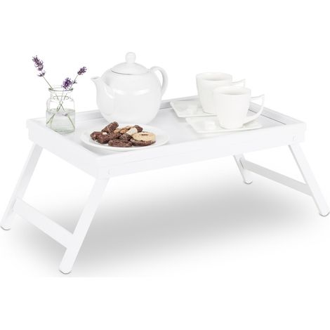 Relaxdays Bandeja Cama con Patas Plegables, Madera, Blanco, 22 x 64 x 31 cm