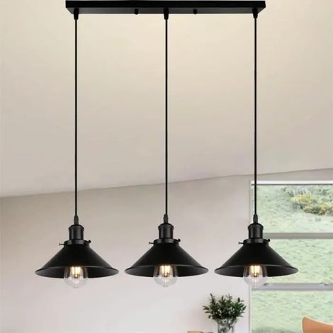 U-Do Ajustable Lustre design Vintage 3 Lampes Suspension en Métal Noir Lampe Longue Pôle Lustre Intérieur pour Chambre Bureau Salon (1/4)