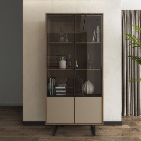Vetrina Agro, Mobile Espositore 3 Ripiani, 2 Ante, Anta Dettaglio Vetro, 190x40x90h cm Marrone Noce (1/5)