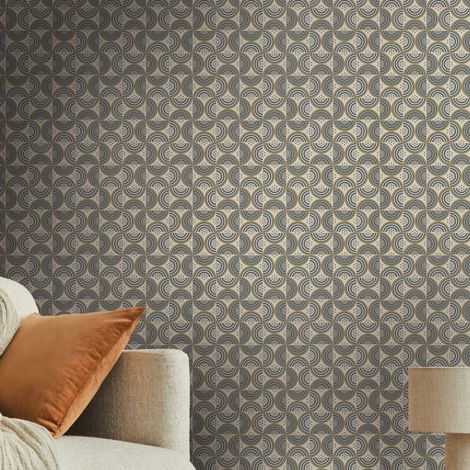 Papier peint graphique beige, jaune, gris Tapisserie baroque à lignes effet vague Papier peint style rétro idéal pour cuisine (1/5)