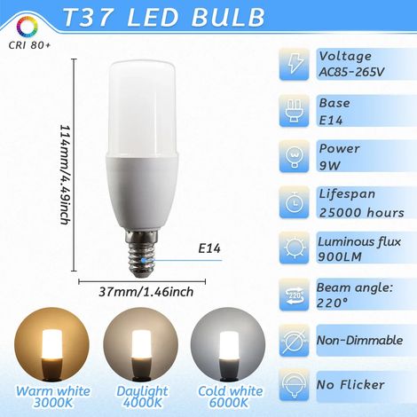 (T37 9W, Blanc chaud 3000K) 10 Ampoules LED E14, AC220V, adaptées aux suspensions, économes en énergie et respectueuses de l'environnement.